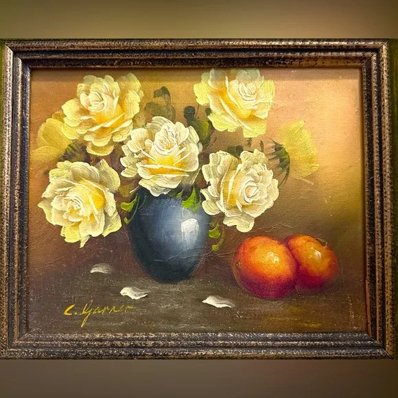 Original Oil Painting on Canvas “Roses In A Vase” Black & Gold Frame Signed